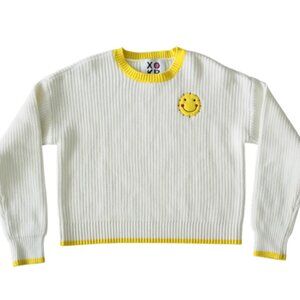 Kerri Rosenthal Chunky ribbed Knit White/Yellow Happy Face Sweater Sz Medium